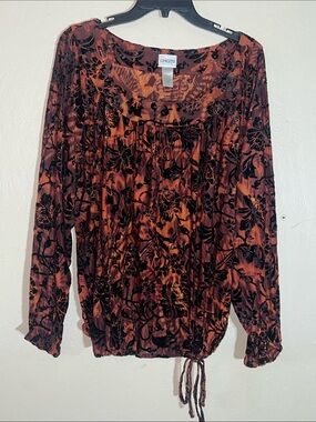 Chico's Burnt Orange and Black Floral Velvet-Print Long Sleeve Top